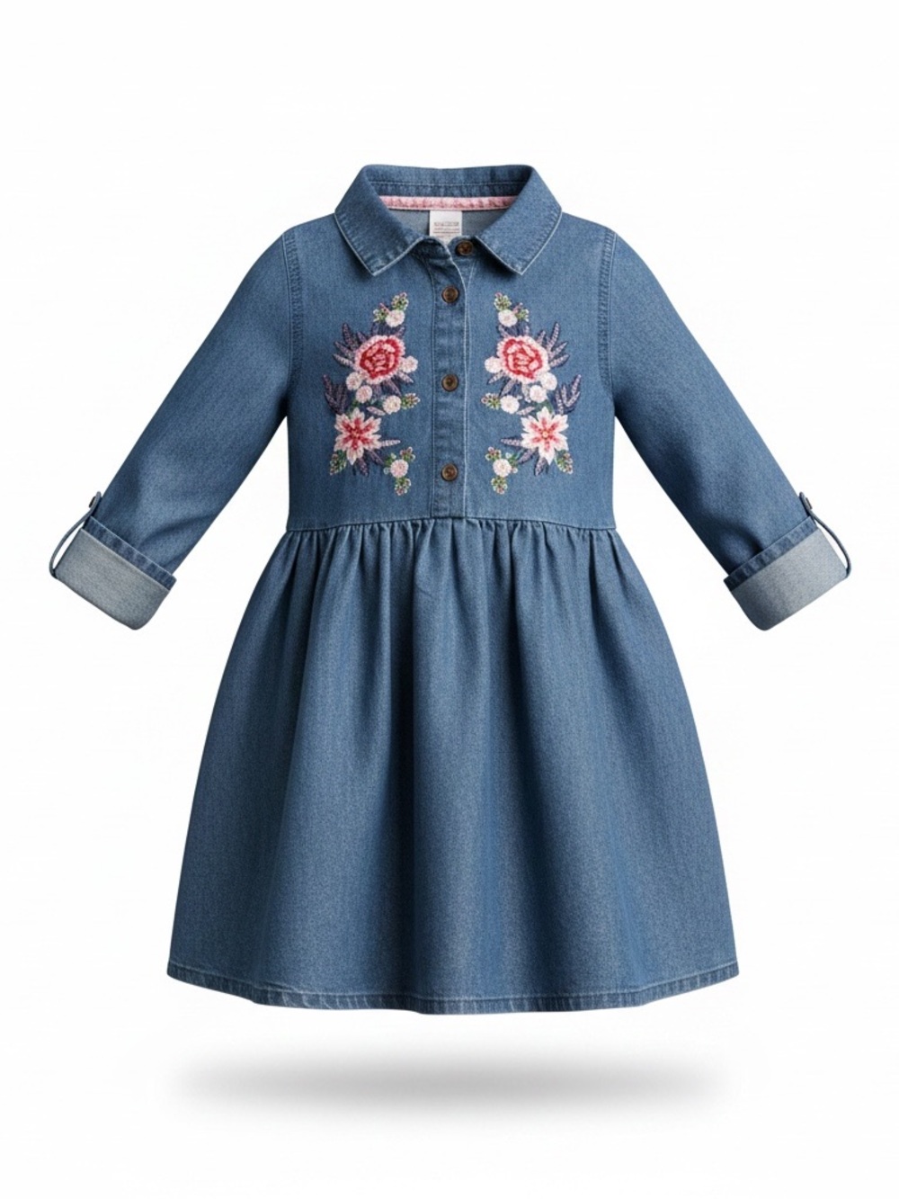 Little Lass Blue Denim Dress with Pink Floral Embroidery